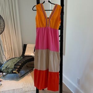 Vibrant Colorblock Tiered Maxi Dress - Yellow Pink Tan Orange